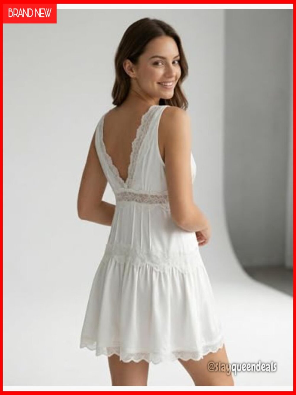 V Neck Lace Mini Slip Dress with Ruffle Hem Babydoll Y2K Boho Flowy Summer Dress - Picture 3 of 7